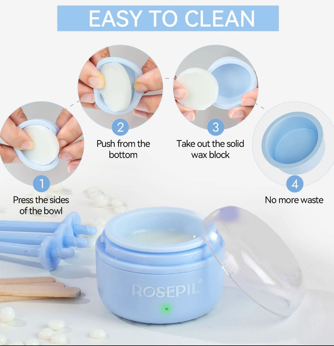 ROSEPIL Mini Nose & Face Wax Kit for Men & Women | Painless Face Hair Removal | USB Portable Warmer | BLUE - Image 6