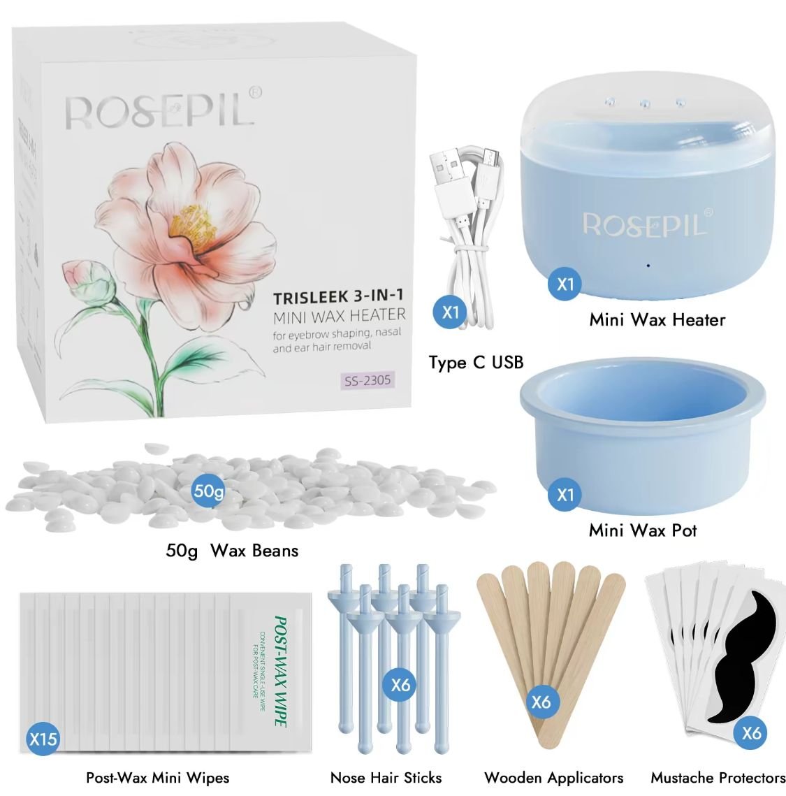ROSEPIL Mini Nose & Face Wax Kit for Men & Women | Painless Face Hair Removal | USB Portable Warmer | BLUE - Image 9