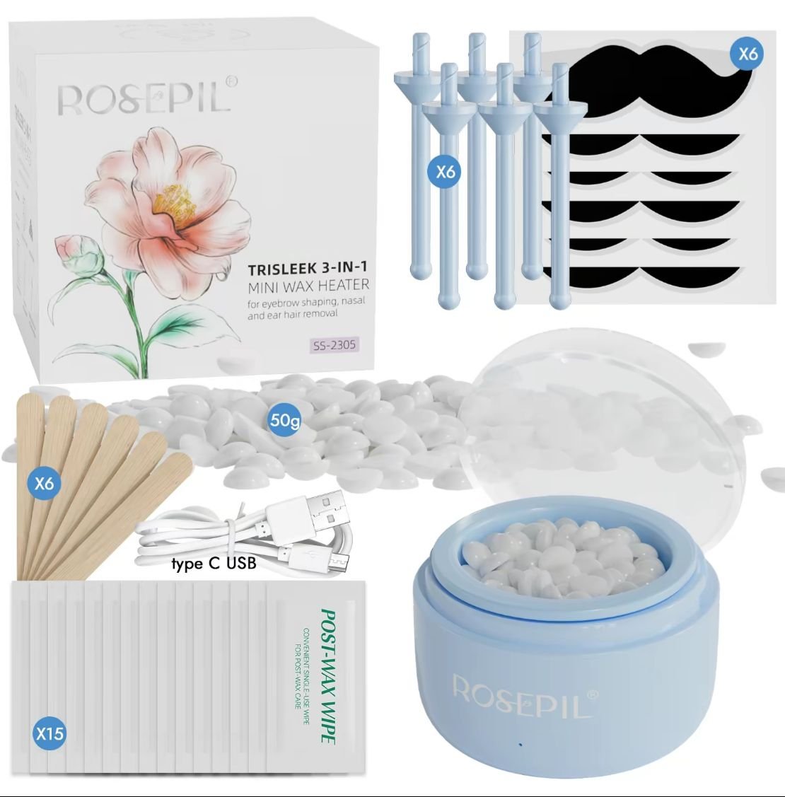 ROSEPIL Mini Nose & Face Wax Kit for Men & Women | Painless Face Hair Removal | USB Portable Warmer | BLUE