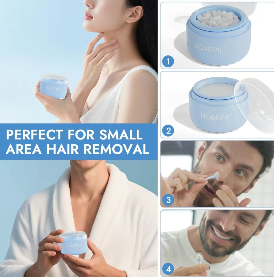 ROSEPIL Mini Nose & Face Wax Kit for Men & Women | Painless Face Hair Removal | USB Portable Warmer | BLUE - Image 5